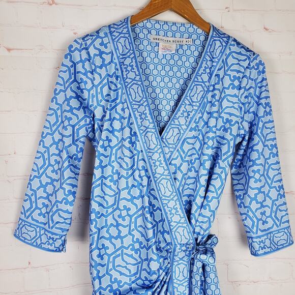 Gretchen Scott Wrap Me Up Dress 3/4 Sleeve Stretch Size M Blue Jersey Geo Print - Picture 11 of 14